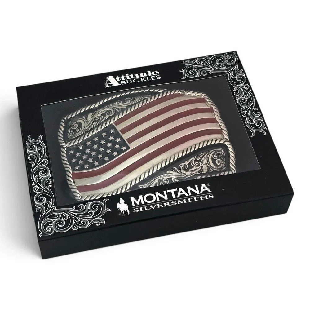Montana Silversmiths Classic Painted Waving American Flag Attitude Buckle